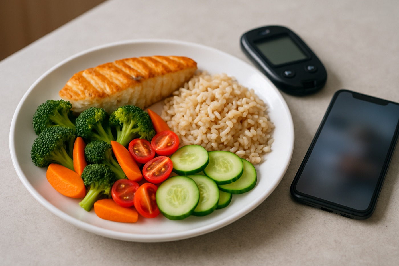A plate-method lunch of vegetables, grilled fish and brown rice next to a glucose meter and a smartphone