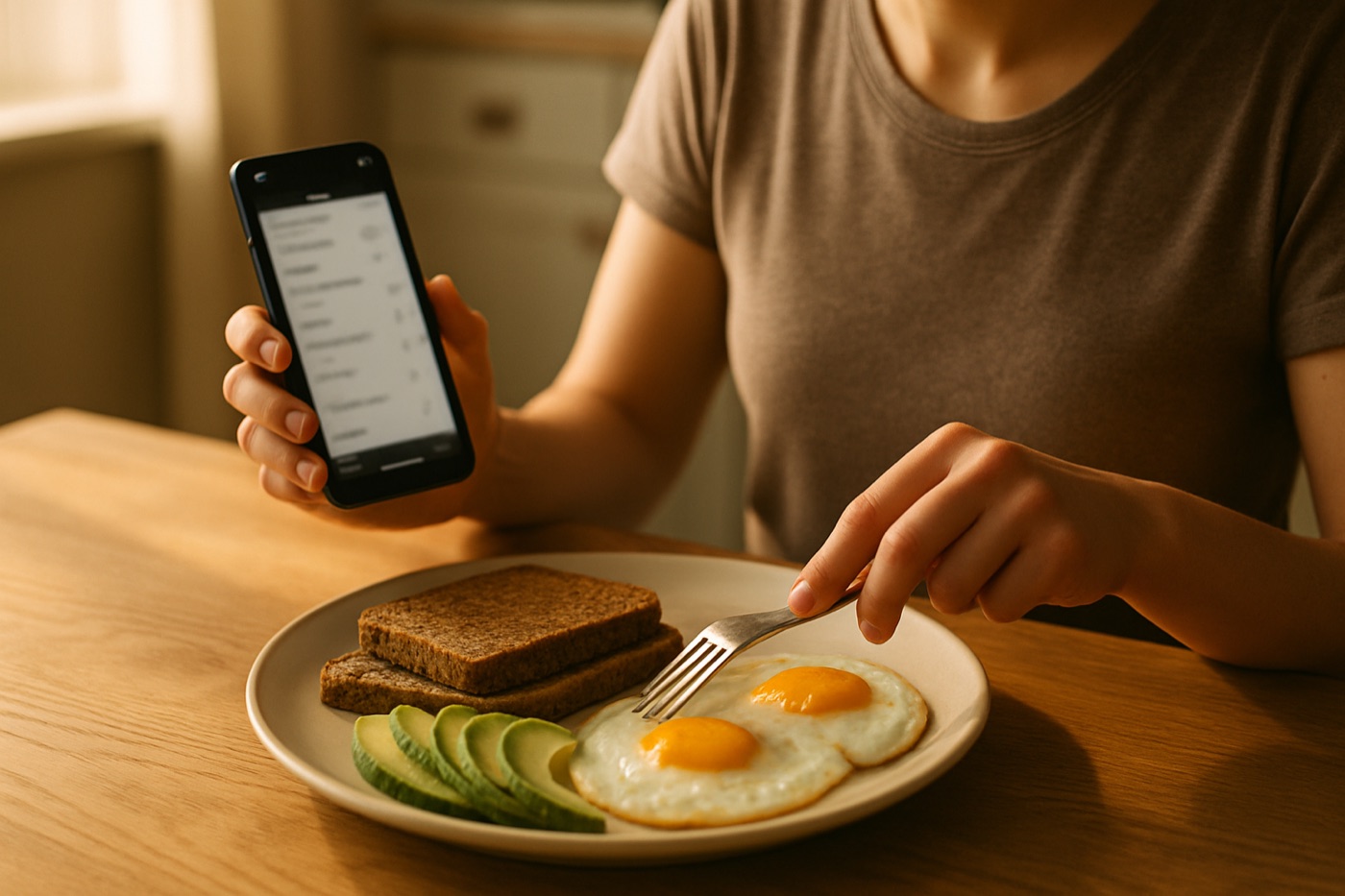 A person logging a breakfast of eggs, whole-grain toast and avocado on a smartphone at a kitchen table